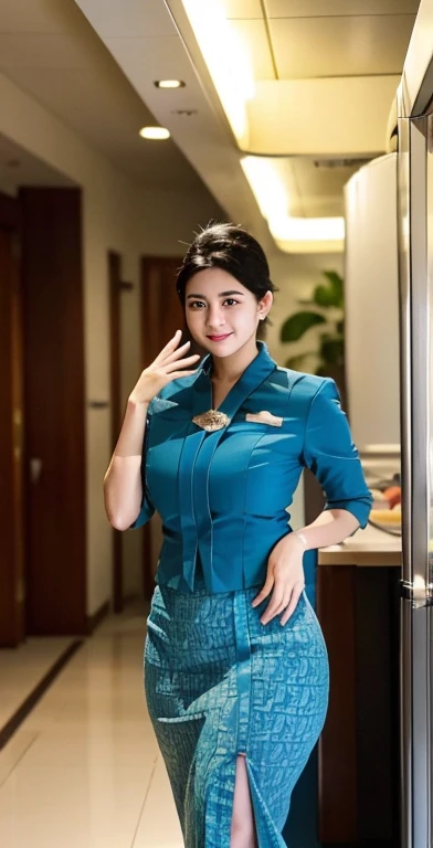 Indoor airlanes,black hair, indonesian,wearing garudaindonesia uniform,white skin,large breastasterpiece),((sfw)),busty,big breasts