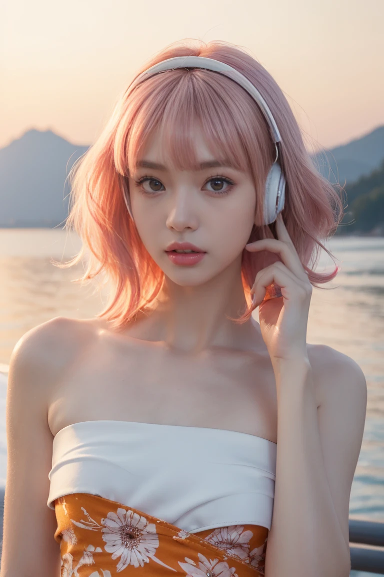 Top Quality, Masterpiece, Super High Resolution, (Actual:1.3), Original Photo, (Nature Photography), (Magnificent mountaintop, Sea of clouds), (Very wide mountain top), (Sunrise), (Girl), (Upper body), (Natural Light: 1.0), (Side View: 0.0), (Cowboy Shot: 0.0), (upper body: 1.8), (Close-up: 0.8), Portrait, Cinematic Lighting, Glow, Ray tracing, reflected light, f135mm, UHD, accurate, skin texture, super detail, great detail, high quality, highest quality, 8k, (surrealism: 1.2), BREAK, (Japanese: 1.3), (25 years old: 1.0), (Small breasts: 1.6), (Long, large, slit eyes: 1.8), (Realistic eyes: 1.8), (Height at 160cm: 1.2) , (Transparent white skin: 1.2), (Short curly bright pink hair with bangs: 1.3), (Deep eyeshadow makeup: 1.4), BREAK, (Correct hand: 1.6), (Correct fingertips: 1.6), Sexy pose, (Place hand near cheek: 1.8), BREAK, (Big white headphones: 1.4), (Wearing an orange and white printed strapless dress: 1.3), BREAK,