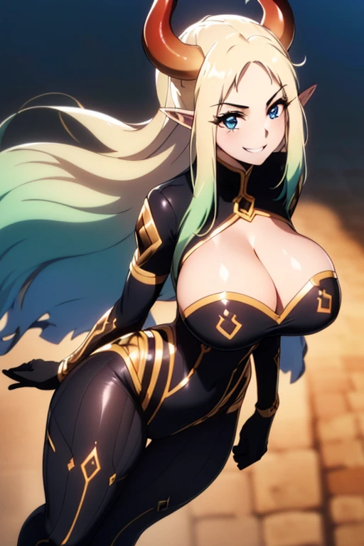((4k)),((masterpiece)),(best quality),((ultra detailed)), ((beautiful blurry background)), ((cinematic lighting)), depth of field, (dynamic angle),((beautiful detailed eyes), pretty face, large , ((cleavage)), black bodysuite ,best quality, masterpiece, 1girl, ultra detailed,detailed face, 8k wallpaper, (wide hips:1.2), AlphaNDV, 1girl, blonde hair, blue eyes, very long hair, elf, pointy ears, huge breasts, smile, full body visible, head completely visible, red horns