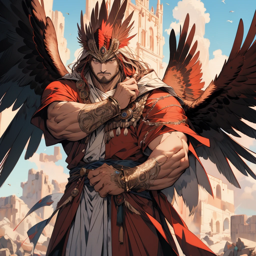 Hawkman，Wearing Mage robe ，Red Hawk，Eagle feathers，robe，magestaff，, Anthropomorphic Mage Eagle，Anime Concept Art，Red Hawk法师, ((Top quality))、((masterpiece))、((Extremely detailed))，（High sharpness，Extremely detailed），masterpiece, High Detail, (high resolution, Extremely detailed), Movie Lighting, Motion Blur, Ray Tracing, reflected light, masterpiece, best quality, high quality, Anatomically correct, Textured Skin, High Details, Super Detail