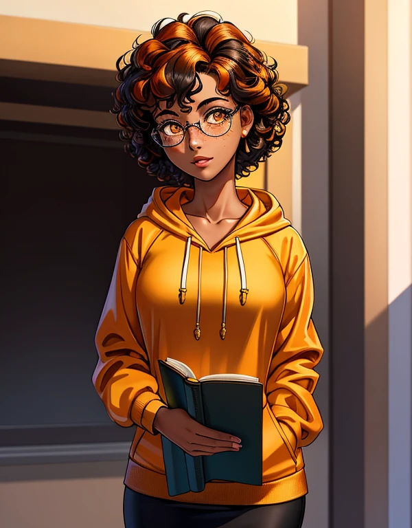(masterpiece,best quality,absurdres,beautiful,aesthetic,detailed), (Detailed face:1.2), (Detailed eyes:1.2), 1girl, solo, 20 year old college student, ((slim, petite)) , she has tan-bronze skin with some freckles, short curly black hair with orange highlights, amber colored eyes, (Wearing: reading glasses, yellow hoodie, black pencil skirt), college background