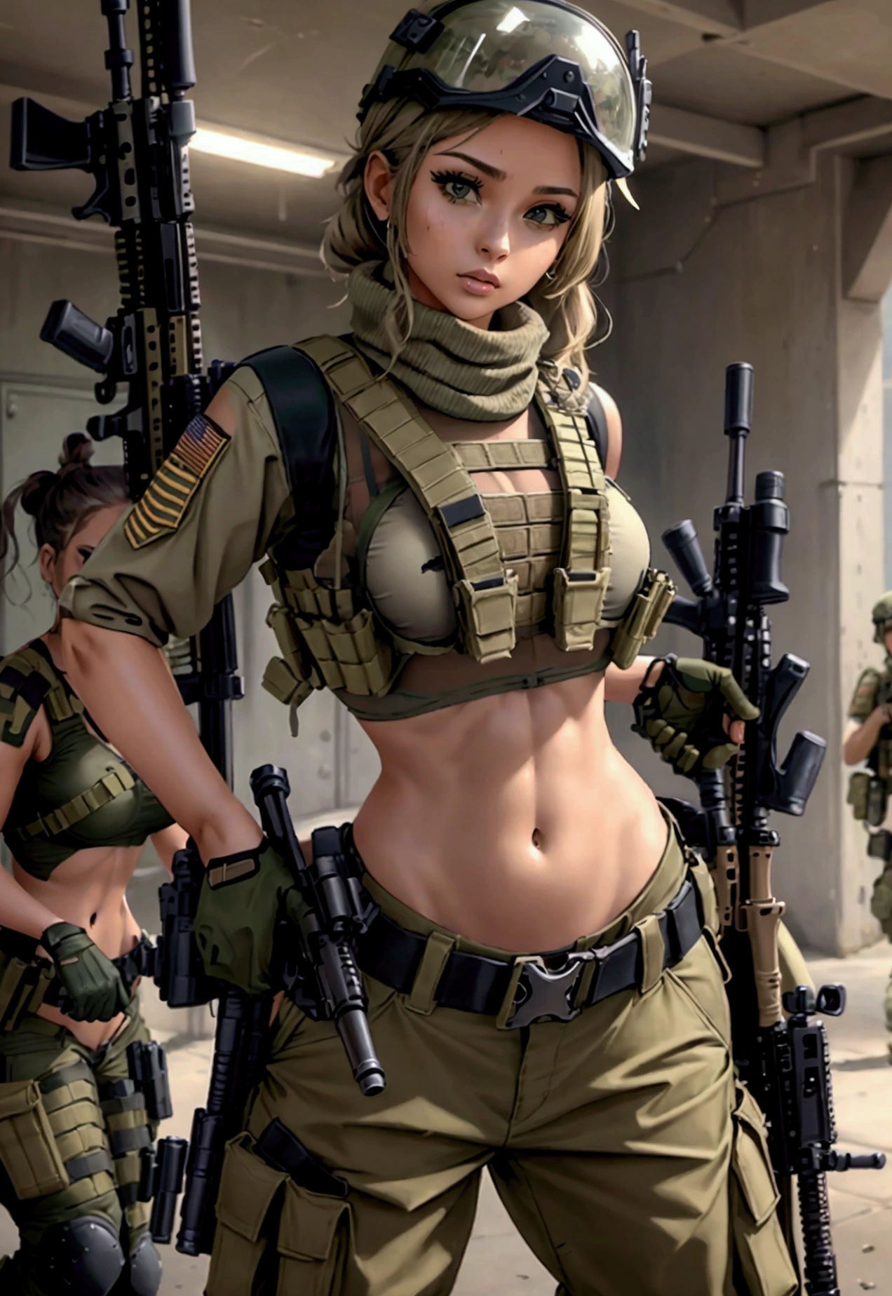 Women in crop top military bulletproof vest , military green cargo pants, belt, military helmet, tactical, (open navel), ((holding assault rifle))