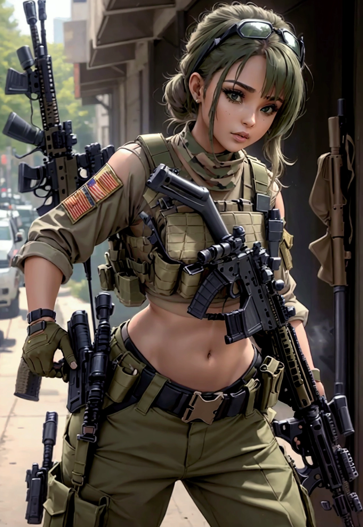 Women in crop top military bulletproof vest , military green cargo pants, belt, military helmet, tactical, (open navel), ((holding assault rifle))