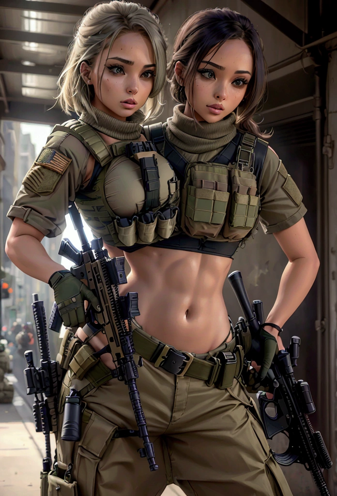 Women in crop top military bulletproof vest , military green cargo pants, belt, military helmet, tactical, (open navel), ((holding assault rifle))