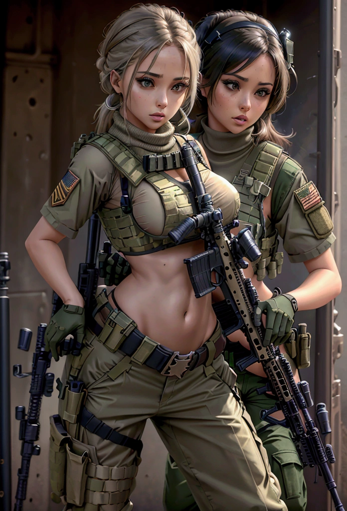 Women in crop top military bulletproof vest , military green cargo pants, belt, military helmet, tactical, (open navel), ((holding assault rifle))