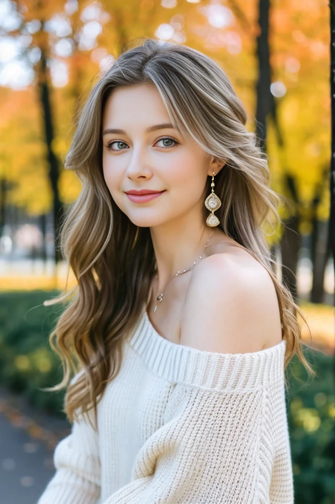 1Finnish girl, age 16, alone, middle hair,Wavy hair with color gradients、, Viewers look at, Fell, messy, windy light brown hair, bare shoulders, Full body, one, off shoulders, White sweater, realisti, very relaxed pose, tender sympathetic smile, Freshness, very cute, elegant earrings, masterpiece, like real professional photo, 16K, trending on artstation, bokeh