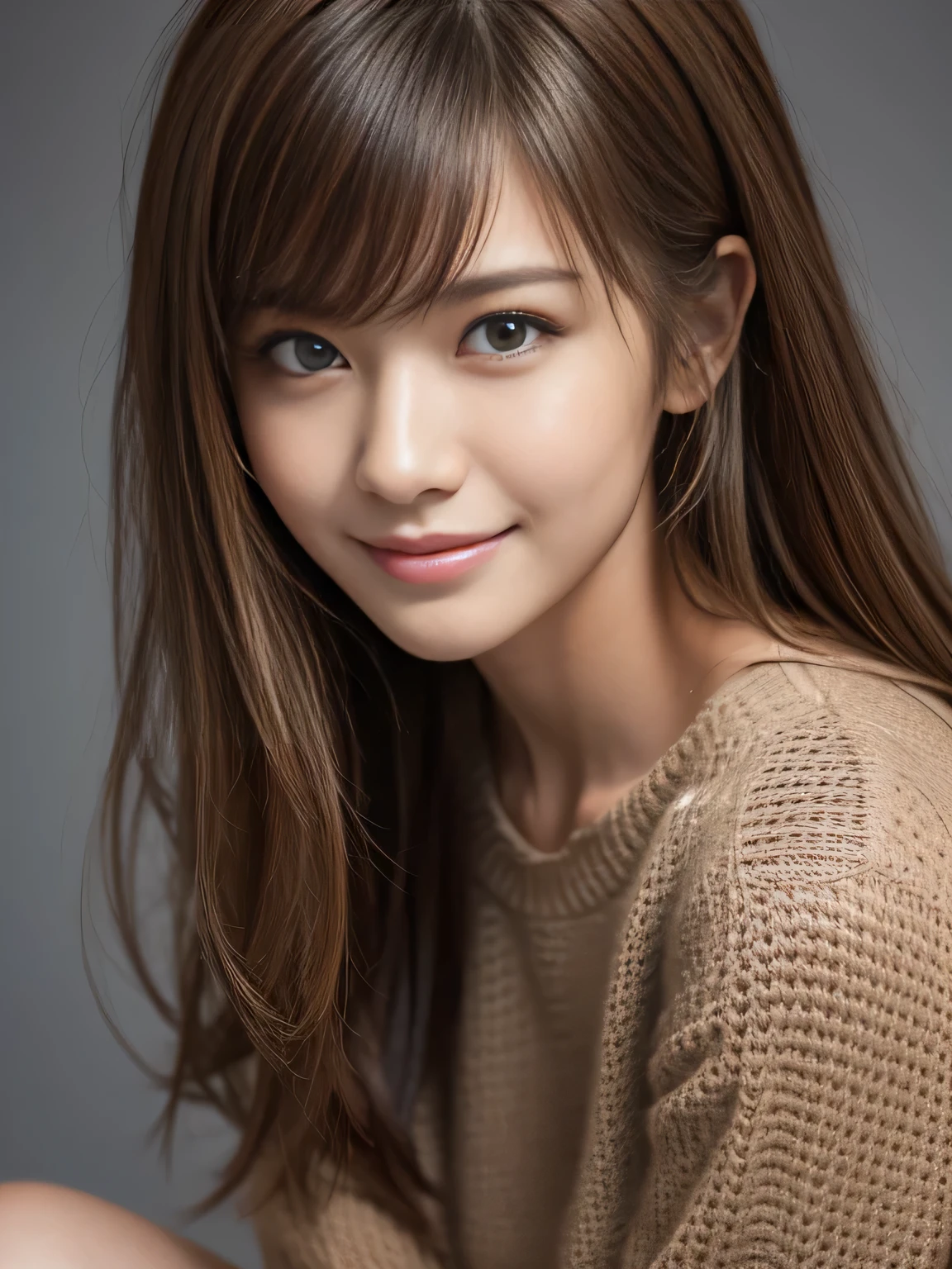 masterpiece, best quality, ultra-detailed, intricately detailed hyperdetailed, realistic, sharp features, highly detailed, sharp focus, Realistic, Photorealistic:1.3, (17 years old:1.5), perfect face, perfect symmetrically eyes, perfect full lips, hyper detailed, hyper realistic, high resolution, Fashion Model, Japanese Idol, Slender, brown hair, Stylish, model poses, Beautiful Face, light brown hair, messy hair, asymmetrical bangs, (grin:1.2), (looking at viewer), cinematic lighting, grey background, (Black knit:1.2), portrait