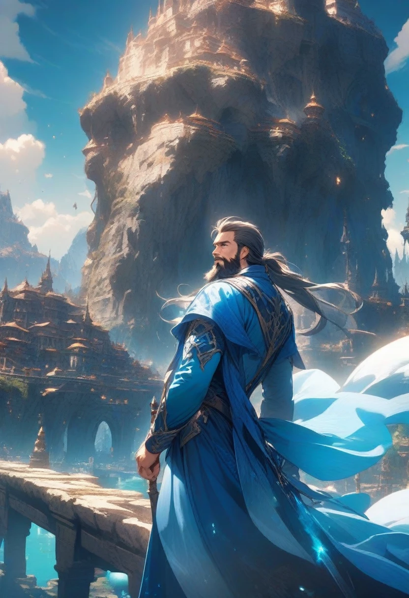 Man with beard in blue silk jacket in fantasy world