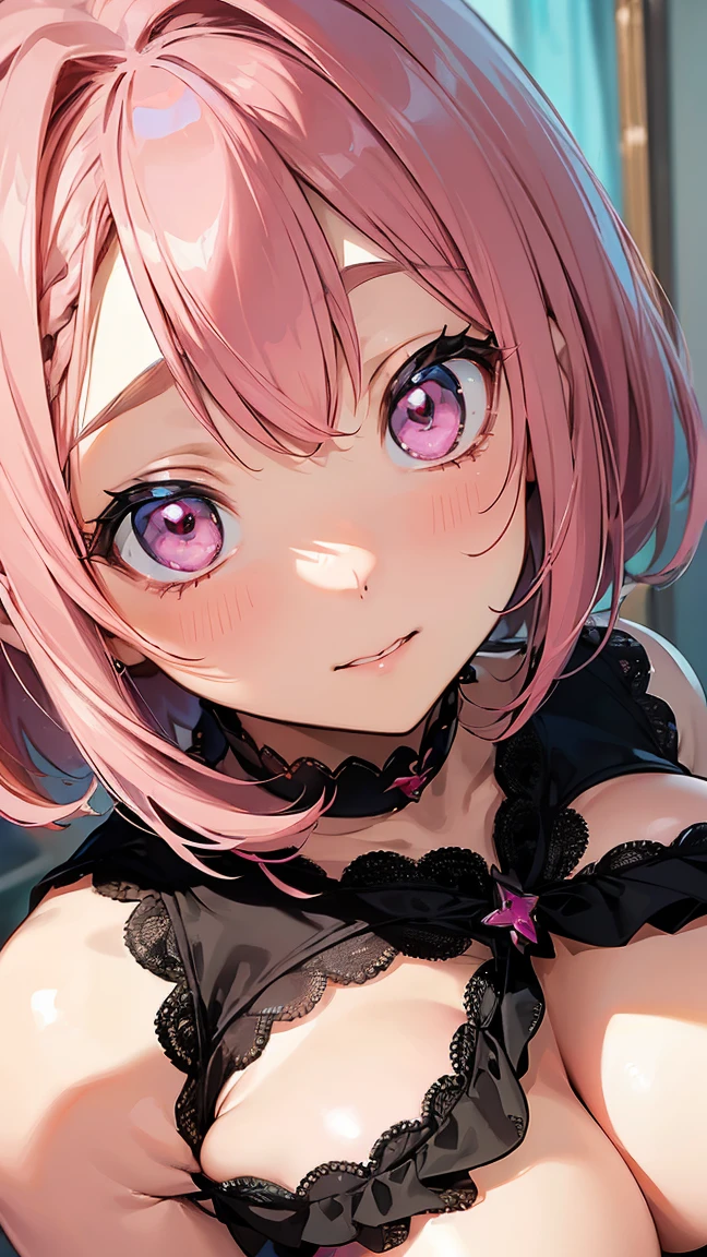 (4K quality:1.3),(Highest quality:1.3),(albino),(Whitening),(19 years old:1.3),(Large Breasts:1.6),Overdeveloped breasts:1.6,Big Breasts:1.6,世界一Large Breasts,Extra large chest:1.3,One of the largest breasts in the world,Saggy breasts,rich,Upper Body,smile,Japanese Voice Actors,Overflowing breasts,(jewelry),Captivate a man,Cleavage,(Con Cafe:1.5),(Celebrities:1.4),(thin:1.2),(Tight waist:1.4,(Night viewの良いホテル:1.1),(luxury:1.2),(Arisa Hanyu:1.5),(anorexia:1.4),(Night view:1.3),(Close up on face:1.2),Catchlight,(Child face:1.6),(smile:1.1),(Lori:1.5),(Pink Hair:1.6),(Short Hair),(Deep pink eyes:1.4),(2D cuteness:1.5),(Cute Makeup),Beautiful fingertips,Black lace collar,(Staring at me shyly:1.5),(Beautiful eyes:1.3)