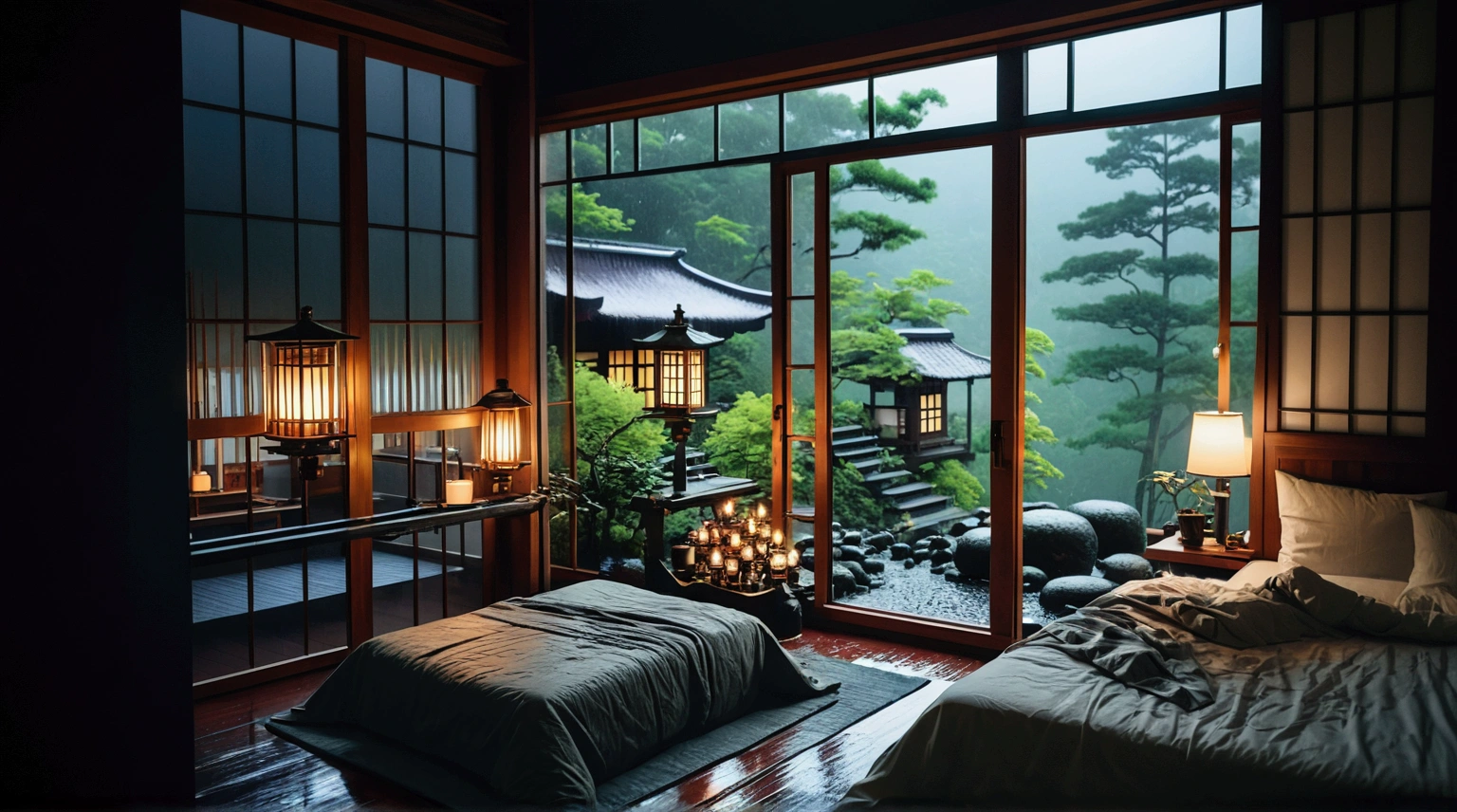 a bed sitting in a bedroom next to a window, a picture, inspired by Itō Jakuchū, unsplash contest winner, sōsaku hanga, at evening during rain, beautiful house on a forest path, zen temple background, lush plants and lanterns