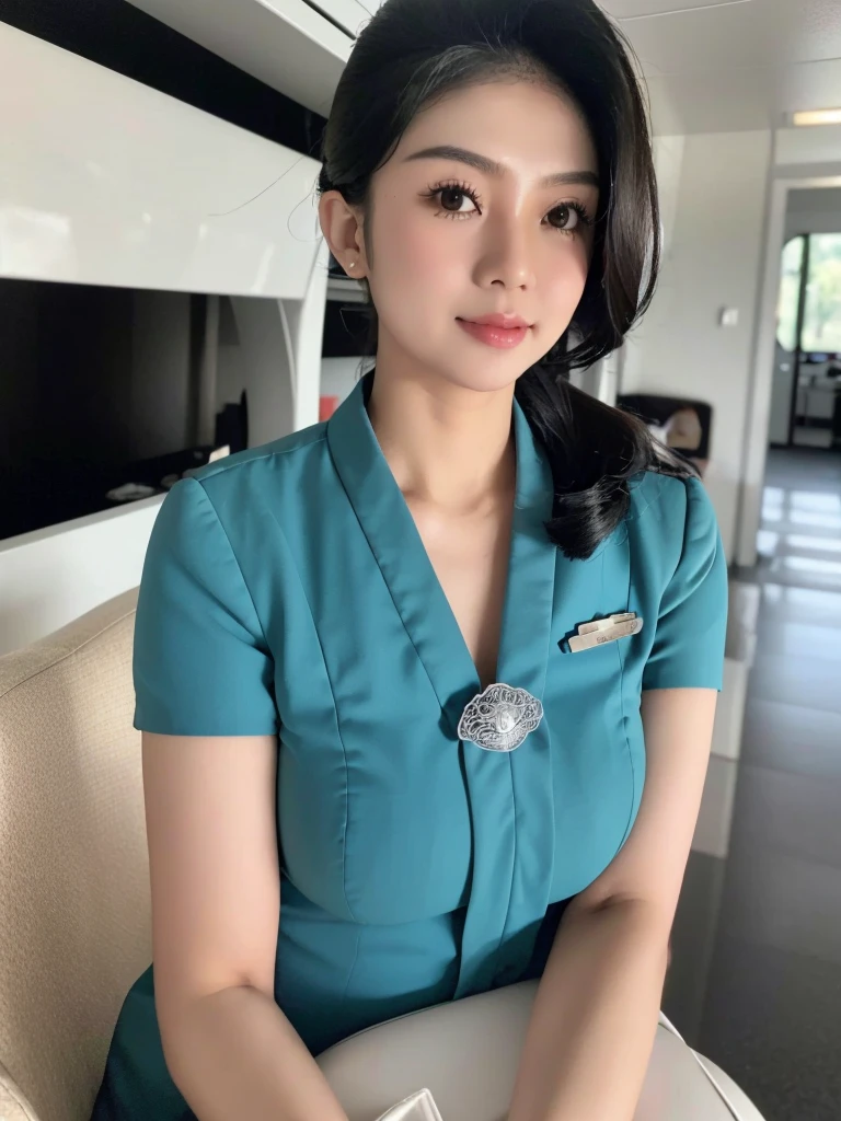 Indoor airlanes,black hair, indonesian,wearing garudaindonesia uniform,white skin,large breastasterpiece),((sfw)),busty,big breasts