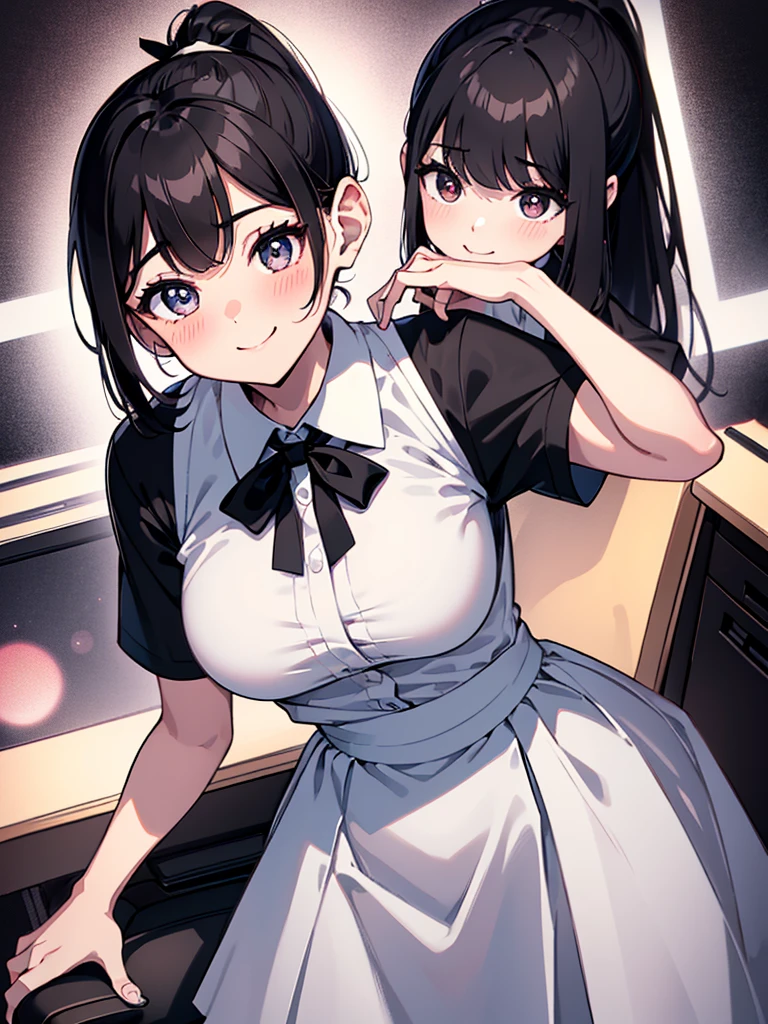 28 years old, OL, short black hair, ponytail:1.Woman number 9, side-swept bangs, smiling, blushing, energetic, big eyes, bright eyes, beautiful, tall and slender, white collared shirt, short sleeves, long skirt, black tight long:1.9 Skirt Black ribbon Office Desk Chair Standing posture Cute