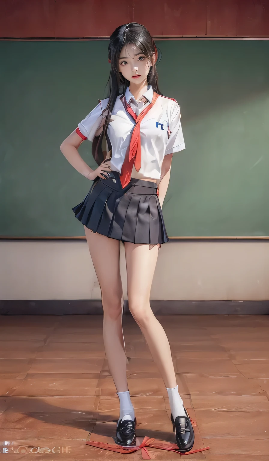 ((masterpiece)),(((最high quality))),(((Girl standing in a school classroom:1.8))),(((Photographed from the back of the classroom, facing the blackboard:1.7))),((((Background of rows of desks:1.8)))),(((((The background is a modern, clean and tidy classroom.:1.9))))),((((Photograph the whole body:1.9)))),((((((Stand up straight with your feet together:1.9)))))),((Thin thighs:1.6)),((Long legs:1.7)),(((Micro mini skirt uniform for high school girls:1.6))),((tall:1.8)),((Wearing Japanese summer school girl uniform:1.8)),((Slim Model body type:1.5)),((Thin legs:1.6)),((Wearing a white short-sleeved school shirt:1.3)),(Age is 16 years old:1.3),bangs,A small smile,((cute girl)),Slender girl,((Black Loafers:1.3)),((short white socks up to the ankles,:1.3)),(((Wearing a red student tie:1.6))),cute,The thigh area below the groin is slim and firm,cute,(Black hair ponytail),Thin legs,Slim Model body type,Very small waist,Small hips,Long thighs,Thin thighs,Thin hands,Long hands,((((下からPhotograph the whole body:1.7)))),(((((k-popのWONYOUNGにそっくりの女の子:1.9))))),((Stretch your whole body straight:1.8)),(((The face is facing this way:1.7))),((tall:1.4)),(Stand with your legs straight and without bending your knees:1.7),((Stand up straight:1.9)),The ankles are super thin,beauty,Fine skin,Firm Skin,Realistically reproduced skin detail of thin legs,Very detailed, Attention to detail,high quality,Awards,High resolution,(Anatomically correct:1.3),(8k,RAW Photos,最high quality,masterpiece:1.5),(((Girl from belowPhotograph the whole body:1.7))),Height 173cm,((Stand up straight with your feet together:1.8)),((Stand up straight with your feet together:1.7)),(((Keep your back straight:1.8))),((I'looking forward to it:1.2)),9 heads,Model body type,((Inseam is half the height:1.5)),(Thin thighs),((k-popのWONYOUNGにそっくりの女の子:1.5)),RAW Photos,Firm Skin,Fine skin,toned muscular legs,Attention to detail,vivid,Skin Texture,Genuine skin feel,Perfect composition,beautiful,Very detailed,High chroma,Genuine,eyeliner,eye shadow,High nose,Small nostrils,Small Mouth,Seductive lips,beautiful girl,beautiful girl,((The background is a super modern, clean and tidy classroom.:1.9)),((The background is a super modern, clean and tidy classroom.:1.9))