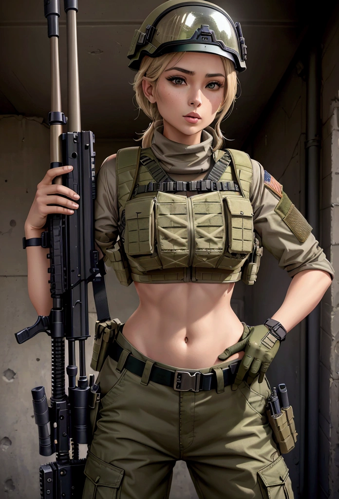 Women in crop top military bulletproof vest , military green cargo pants, belt, military helmet, tactical, (open navel), ((holding assault rifle))