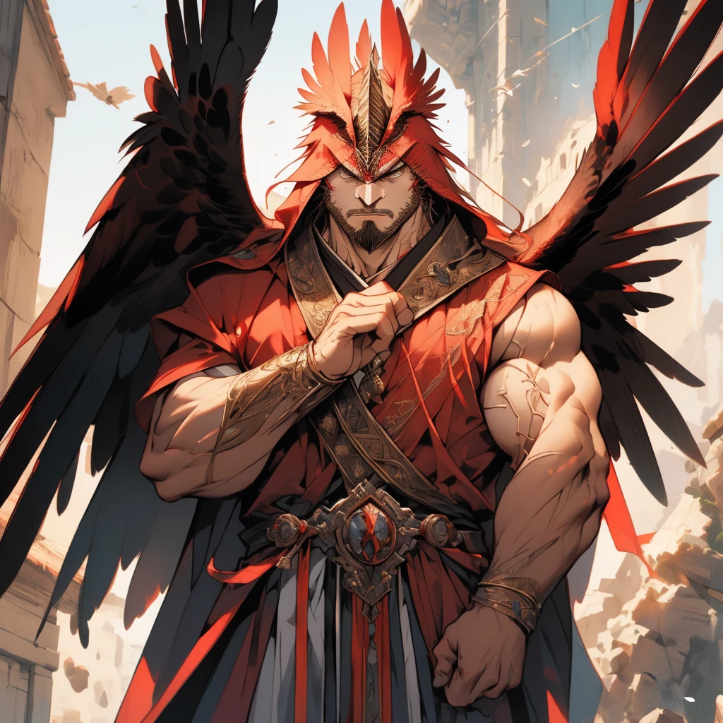 Hawkman,Wearing Mage robe ,Red Hawk,Eagle feathers,robe,magestaff,, Anthropomorphic Mage Eagle,Anime Concept Art,Red Hawk法师, ((Top quality))、((masterpiece))、((Extremely detailed)),(High sharpness,Extremely detailed),masterpiece, High Detail, (high resolution, Extremely detailed), Movie Lighting, Motion Blur, Ray Tracing, reflected light, masterpiece, best quality, high quality, Anatomically correct, Textured Skin, High Details, Super Detail