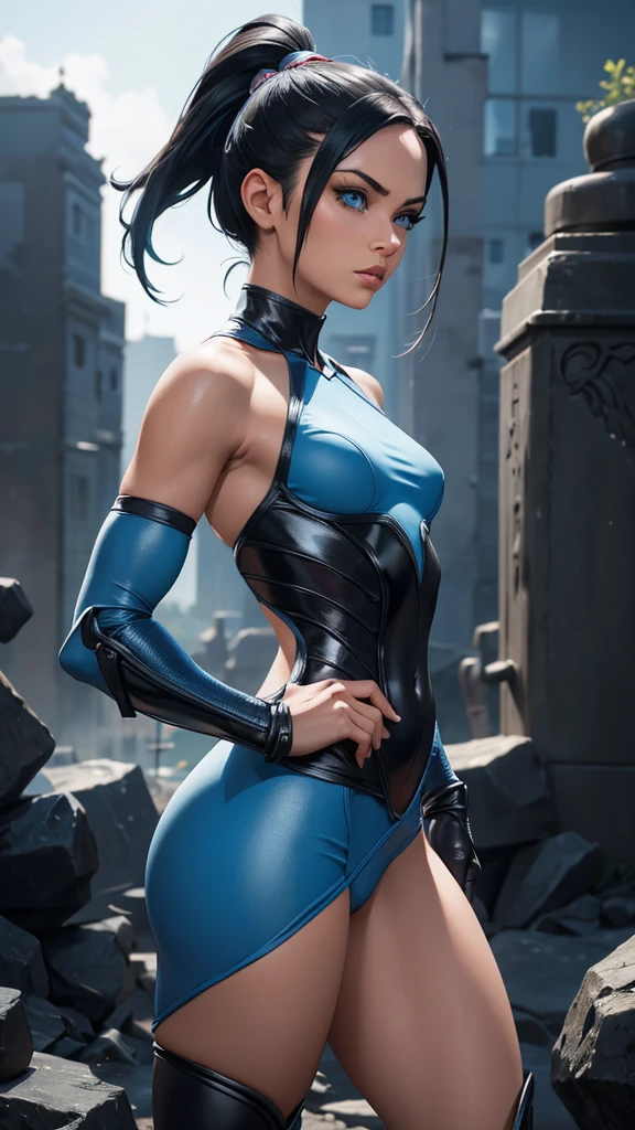 Kitana, (Mortal Kombat), ninja girl, powerful, blue classic sexy ninja suit, ninja mask, botas adornadas, Young, skynny body, small and beautiful buttocks, toned abdomen, small and beautiful breasts, sensual, pose de artes marciales dando patada a la altura de la cara, inframundo, ciudad en llamas, edificios destruidos en el fondo, Dramatic background, overflows a lot of energy in your body, tiene abanicos metálicos adornados en sus manos, mirando al espectador, sensual look, beautiful blue eyes, classic hairstyle,Hair dyed in bright black color, best quality,4k,8k,A high resolution,masterpiece,Ultra detailed,realistic, Photorealistic,photo realistic, ultra realistic 