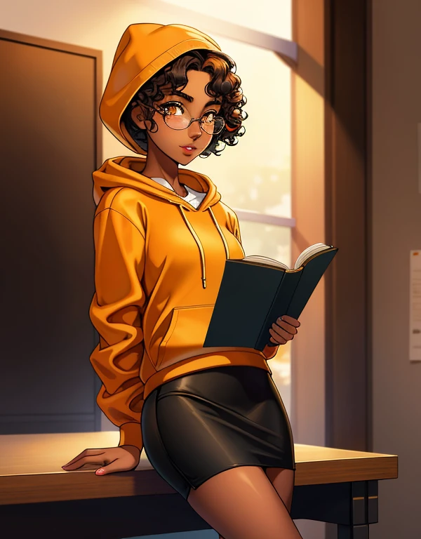 (masterpiece,best quality,absurdres,beautiful,aesthetic,detailed), (Detailed face:1.2), (Detailed eyes:1.2), 1girl, solo, 20 year old college student, ((slim, petite)) , she has tan-bronze skin with some freckles, short curly black hair with orange highlights, amber colored eyes, (Wearing: reading glasses, yellow hoodie, black pencil skirt), college background