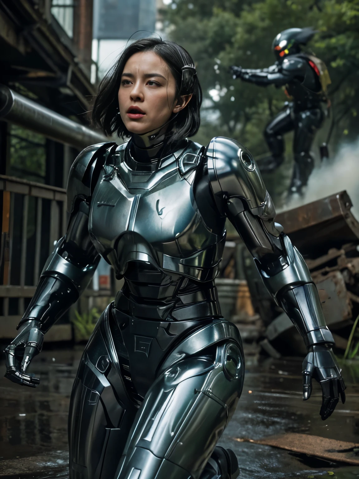 textured skin, Very detailed, Attention to details, high quality, 最high quality, High resolution, 1080P, HDD, beautiful,(War machine),beautifulサイボーグ女性,Chica cyborg mecha,Battle mode,Girl with mechanical body.　black fur　Youth Short Hair　dark green armor　Sweaty and wet face　(Being hit against a wall)(The helmet breaks and flies away)　(flying debris)Steam coming out of head　Steam comes out of the whole body.　painful expression　please open your mouth wide　Tight harness　black undersuit　full body portrait　Gas mask with long mouthpiece.（Forehead）