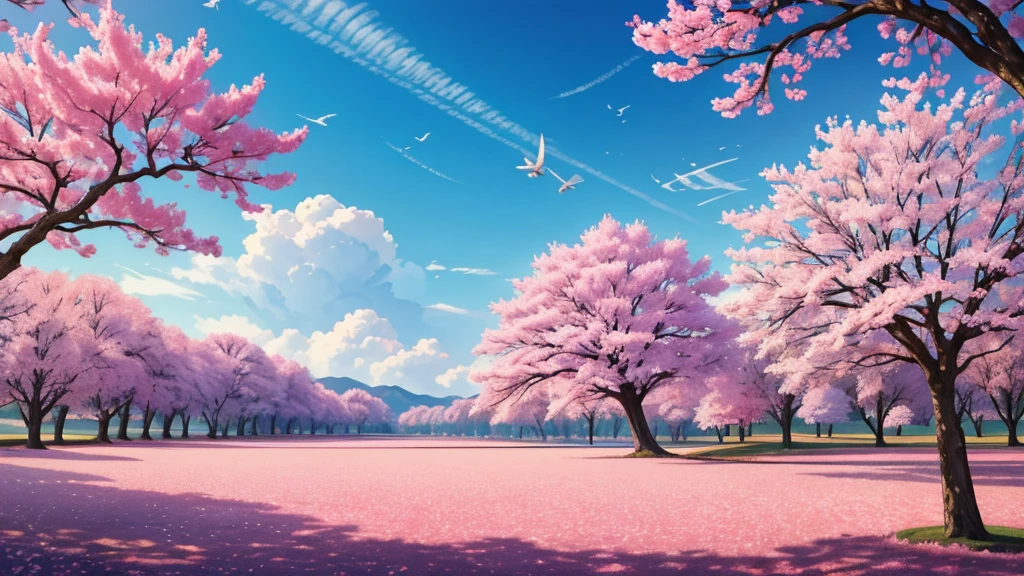 Distance shot artwork of a relaxing and serene landscape of a sakura tree. The background should include a picturesque sky with soft, scattered clouds and a gentle gradient of colors, creating a peaceful and natural atmosphere. The sakura tree's delicate pink leaves are being gently swayed by the wind, with some drifting gracefully through the air. The sky is beautiful with clouds. An young man is standing and watching the sky. The leaves of the tree are swayed, withered by the wind and flies through the wind. The shot is very distant.