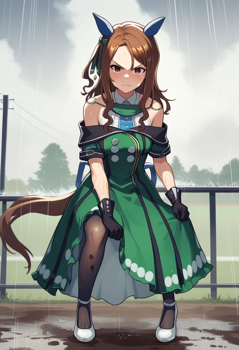 score_9, score_8_up, score_7_up BREAK
grassland, racing, (rain, unwilling, angry, dirty, wet, dark), perspective, dynamic pose, 
shobufuku, 1girl, solo, long hair, looking at viewer, blush, bangs, brown hair, red eyes, gloves, dress, animal ears, bare shoulders, brown eyes, closed mouth, standing, tail, full body, pantyhose, sweat, black gloves, off shoulder, high heels, black pantyhose, white footwear, horse ears, horse girl, horse tail, green dress, off-shoulder dress, ear covers, single clenched hand, 
