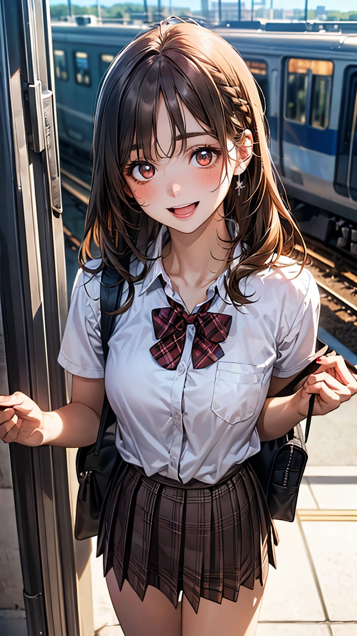 (masterpiece:1.2, top-quality), (realistic, photorealistic:1.4), beautiful illustration, (natural side lighting, movie lighting), depth of fields, nsfw, 
beautiful detailed hair, beautiful detailed face, beautiful detailed eyes, beautiful clavicle, beautiful body, beautiful chest, beautiful thigh, beautiful legs, 
looking at viewer, 1 girl, 12 years old, (perfect anatomy, anatomically correct, super detailed skin), cute and symmetrical face, perfect face, perfect eyes, 
(long hair, straight hair, light brown hair), braided bangs, break light brown eyes, big eyes, long eye lasher, (medium breasts, seductive thighs), perfect body, shiny skin, pink skin, 
(detailed cloth texture, break white collared shirt, break blue pleated skirt, break dark red plaid bow tie), break school bag, 
(beautiful scenery), evening, (train station), standing, (lovely smile, open mouth slightly), 