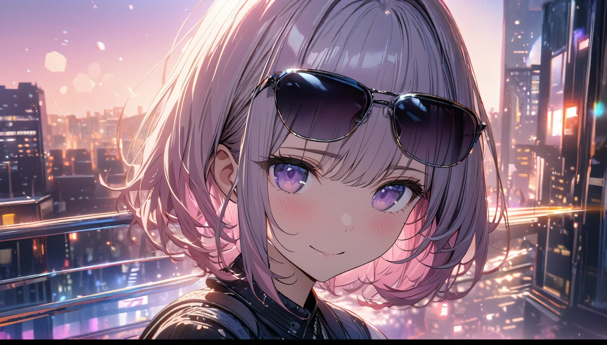 one girl, pink long hair and bob hair、beautiful purple eyes、smile、gentle smile on her face、flat chest, one Beautiful girl,((masterpiece, illustration, best quality) ((ultra-detailed))\, a girl wearing sunglasses (sunglasses), Behind is the cityscape in the evening. There are twinkling lights of the city amidst the blue, blue, and purple sky. Cool girls stand on high balconies or bridges. Looking out at the city with a confident and calm expression. The colors of the picture emphasize the dramatic tone. close up to the face 濃い青とBeautiful Blueのグラデーション, High resolution, 8K HD detail, hyper-detail, cinematic, surrealism, soft light, deep field focus bokeh, ray tracing and surrealism. --v6