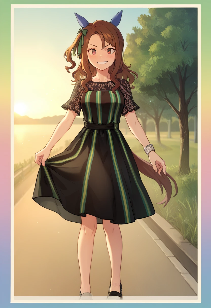 score_9, score_8_up, score_7_up BREAK
casual_clothes, 1girl, solo, long hair, blush, smile, bangs, brown hair, dress, bow, animal ears, hair bow, outdoors, black footwear, grin, blurry, black dress, dated, ^ ^, horse ears, horse girl, horse tail, green bow, green dress, sunset, photo \(object\), ear covers, dynamic pose, perspective, black footwear, 
