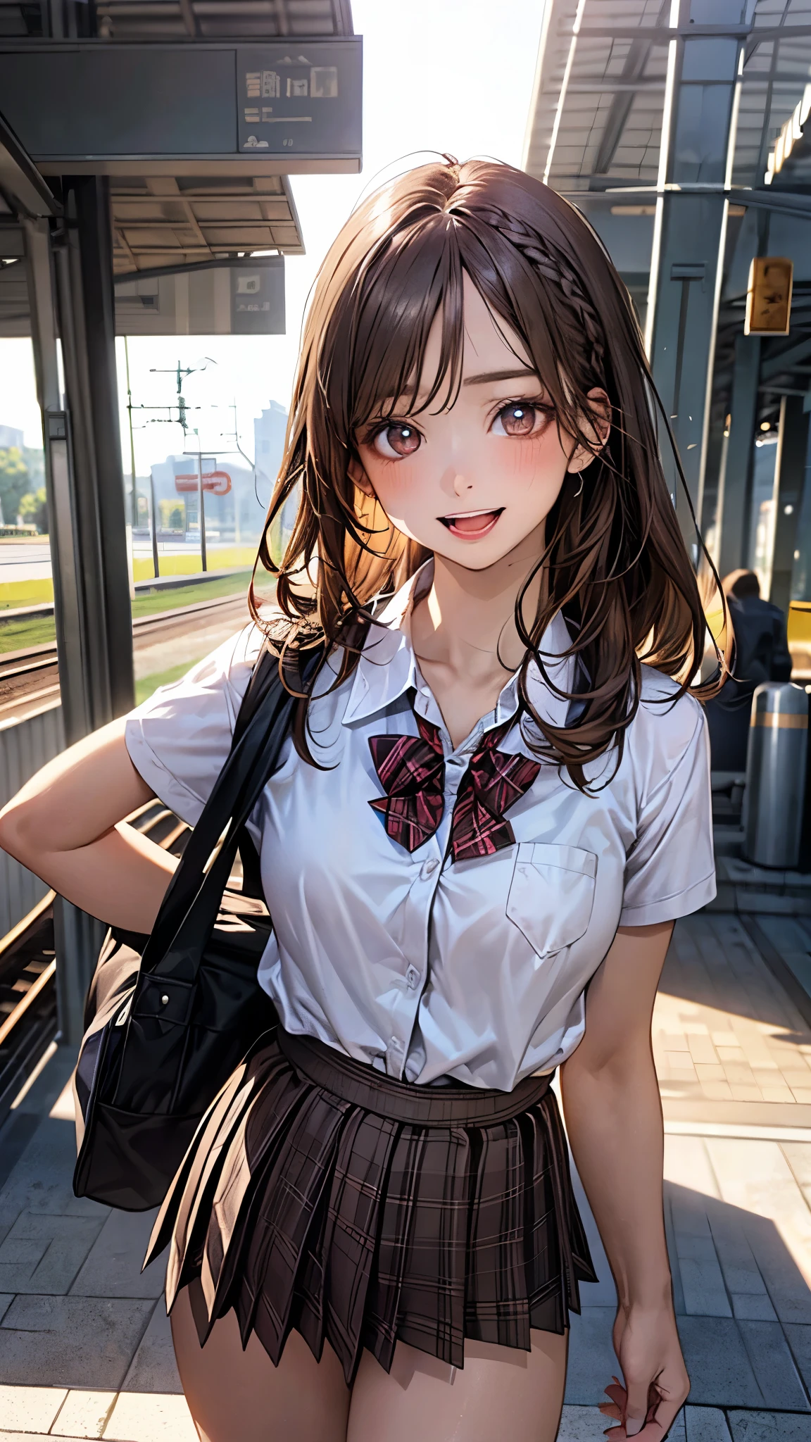 (masterpiece:1.2, top-quality), (realistic, photorealistic:1.4), beautiful illustration, (natural side lighting, movie lighting), depth of fields, nsfw,
beautiful detailed hair, beautiful detailed face, beautiful detailed eyes, beautiful clavicle, beautiful body, beautiful chest, beautiful thigh, beautiful legs,
looking at viewer, 1 girl, 12 years old, (perfect anatomy, anatomically correct, super detailed skin), cute and symmetrical face, perfect face, perfect eyes,
(long hair, straight hair, light brown hair), braided bangs, break light brown eyes, big eyes, long eye lasher, (medium breasts, seductive thighs), perfect body, shiny skin, pink skin,
(detailed cloth texture, break white collared shirt, break blue pleated skirt, break dark red plaid bow tie), break school bag,
(beautiful scenery), evening, (train station), standing, (lovely smile, open mouth slightly),
