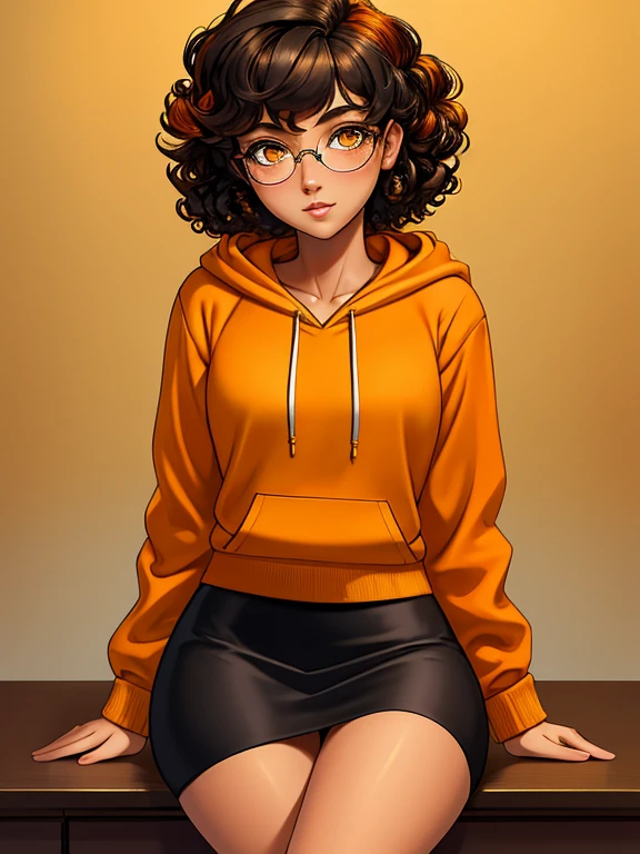(masterpiece,best quality,absurdres,beautiful,aesthetic,detailed), (Detailed face:1.2), (Detailed eyes:1.2), 1girl, solo, 20 year old college student, ((slim, petite)) , she has tan-bronze skin with some freckles, short curly black hair with orange highlights, amber colored eyes, (Wearing: reading glasses, yellow hoodie, black pencil skirt), college background
