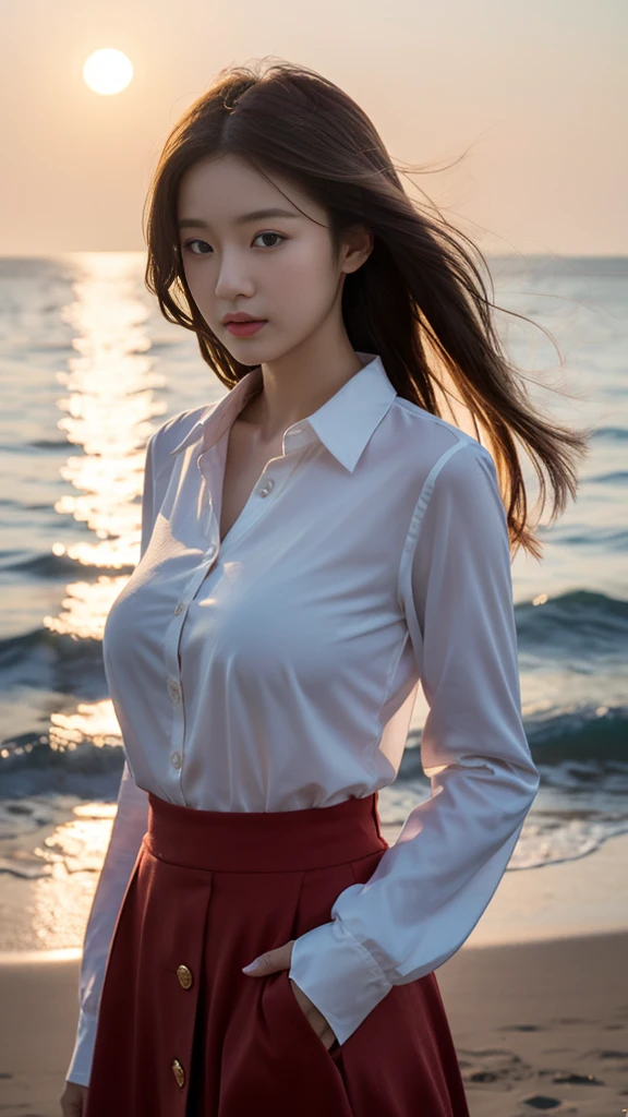 high resolution、Japanese women、Beauty、cute、Blonde、Golden long hair hairstyle、Small face、Beautiful skin、Large breasts、Reality Stick、evening、The sun goes down、Ocean、Lost in Thought、Red long sleeve shirt and skirt、The chest is buttoned up