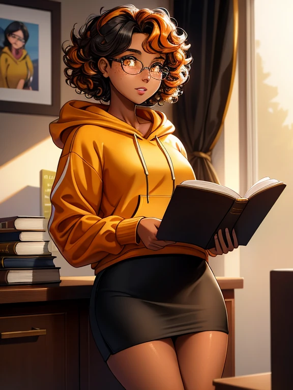 (masterpiece,best quality,absurdres,beautiful,aesthetic,detailed), (Detailed face:1.2), (Detailed eyes:1.2), 1girl, solo, 20 year old college student, ((slim, petite)) , she has tan-bronze skin with some freckles, short curly black hair with orange highlights, amber colored eyes, (Wearing: reading glasses, yellow hoodie, black pencil skirt), college background