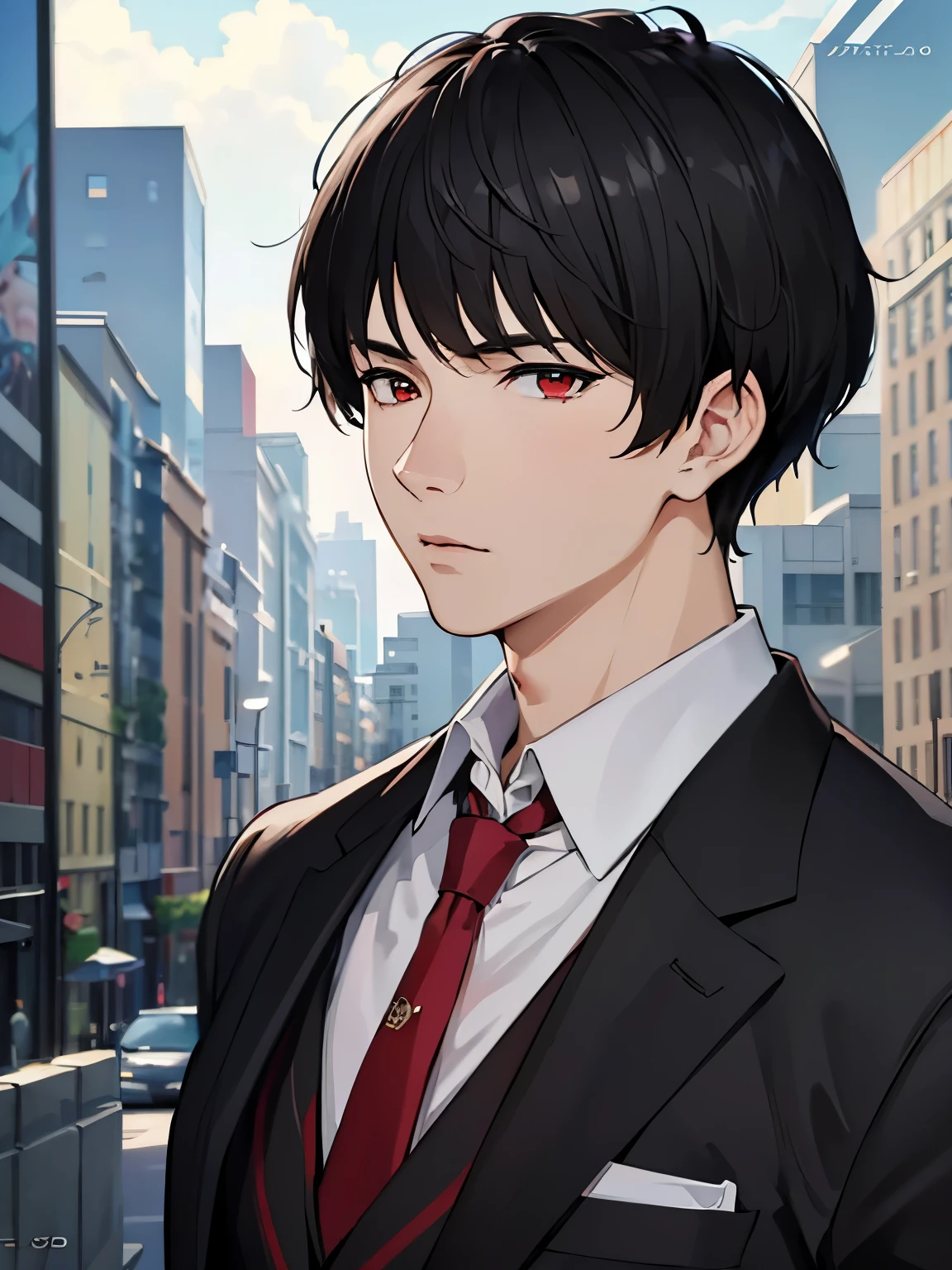 masterpiece, best quality, 1boy, black hair, red eyes, formal suit, messy hair, short hair, buildings, detailed eyes, detailed facial features, realistic and high resolution (best quality, 4k, 8k, highres, masterpiece:1.2)