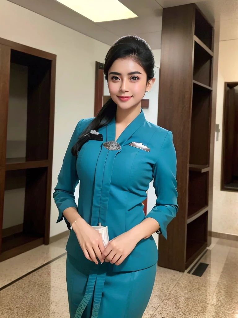 Indoor airlanes,black hair, indonesian,wearing garudaindonesia uniform,white skin,large breast, (masterpiece:1.4),((sfw)),busty,big breasts