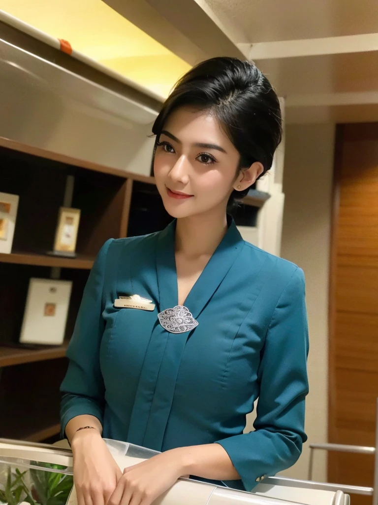Indoor airlanes,black hair, indonesian,wearing garudaindonesia uniform,white skin,large breast, (masterpiece:1.4),((sfw)),busty,big breasts