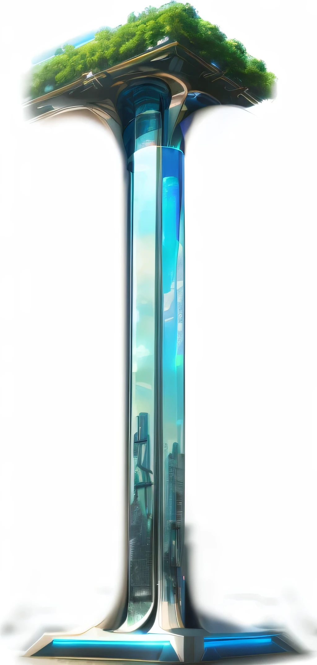 Creates a thin column, with glass aspects, Futuristic Details, and some roots, maintain future appearance