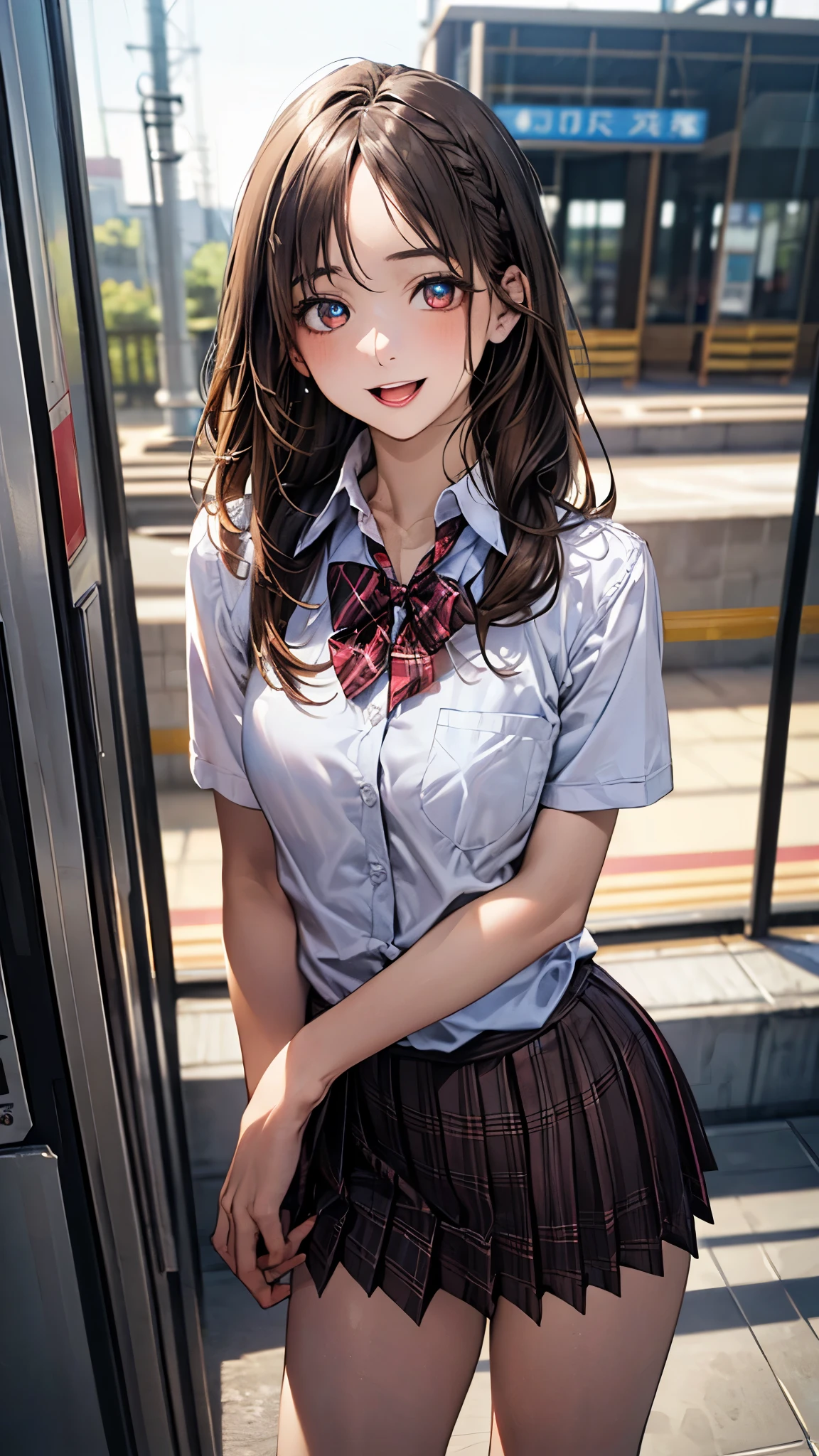 (masterpiece, best quality, high resolution:1.3), High detail RAW color, light on skin,  (anime painting:1.1),(high light:1.8),(blue tone),
 day time:1.9,
in door, day time:1.9, after the rain, Inside the train, InTrain, solo, 1girl  sitting,
1girl, [wet], large head:1.6, sitting, shiny skin, shiny hair,  looking_at_viewer:1.9, [grin] smile,  embarrassed,
three fingers:1.6, bowtie, kneehighs,  pink:1.9 panties, pantyshot,  
pink bra:1.4, white band school_bag, school_uniform, large size shirt, pleats skirt,  ,