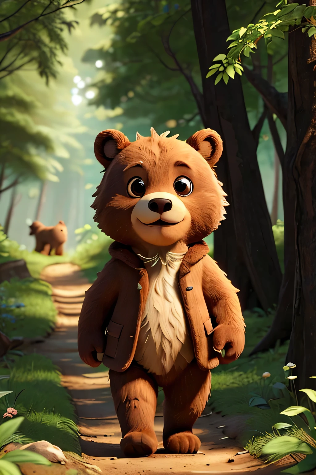 A curious bear cub named Benny discovering a hidden path leading to a secret valley in a quiet forest. Benny walking and looks excited and eager to explore. The background shows a dense forest with trees, bushes, and the beginning of a hidden path covered with leaves.