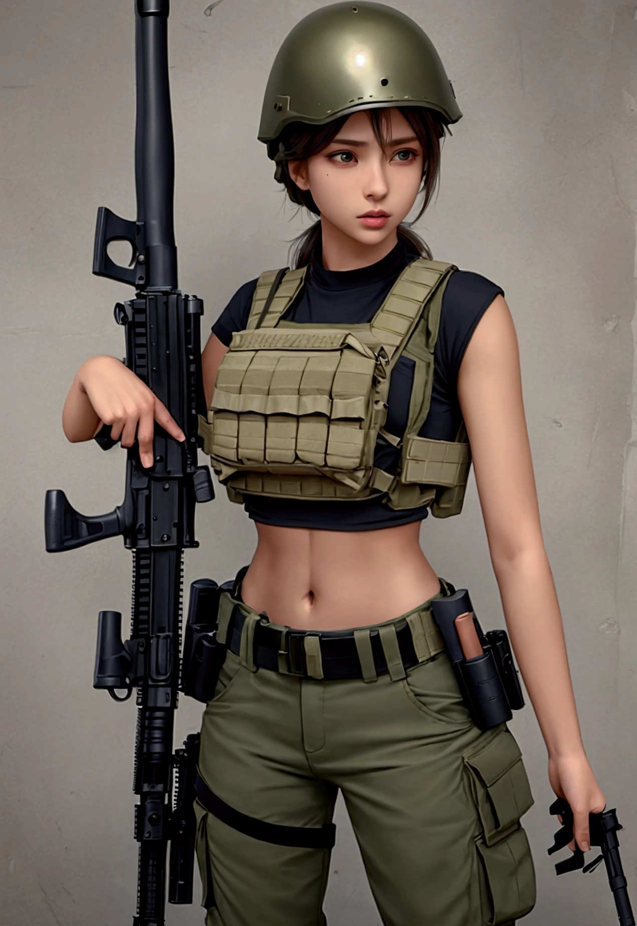 Women in crop top military bulletproof vest , military green cargo pants, belt, military helmet, tactical, (open navel), ((holding assault rifle))