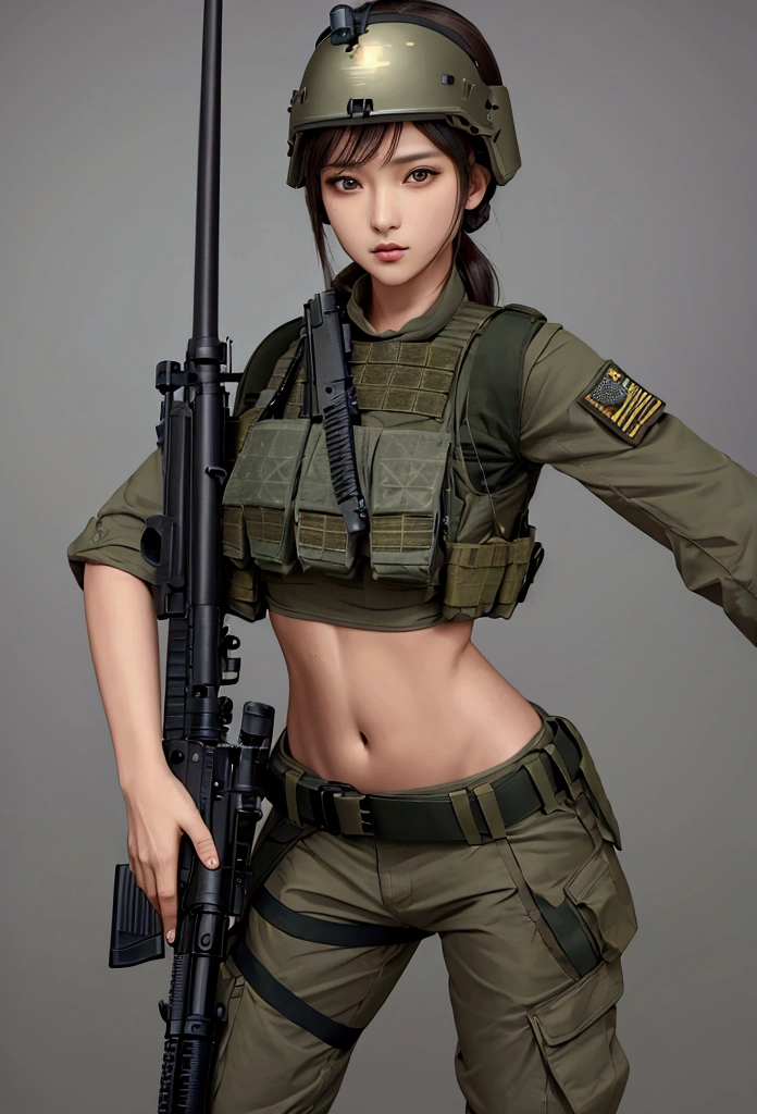 Women in crop top military bulletproof vest , military green cargo pants, belt, military helmet, tactical, (open navel), ((holding assault rifle))