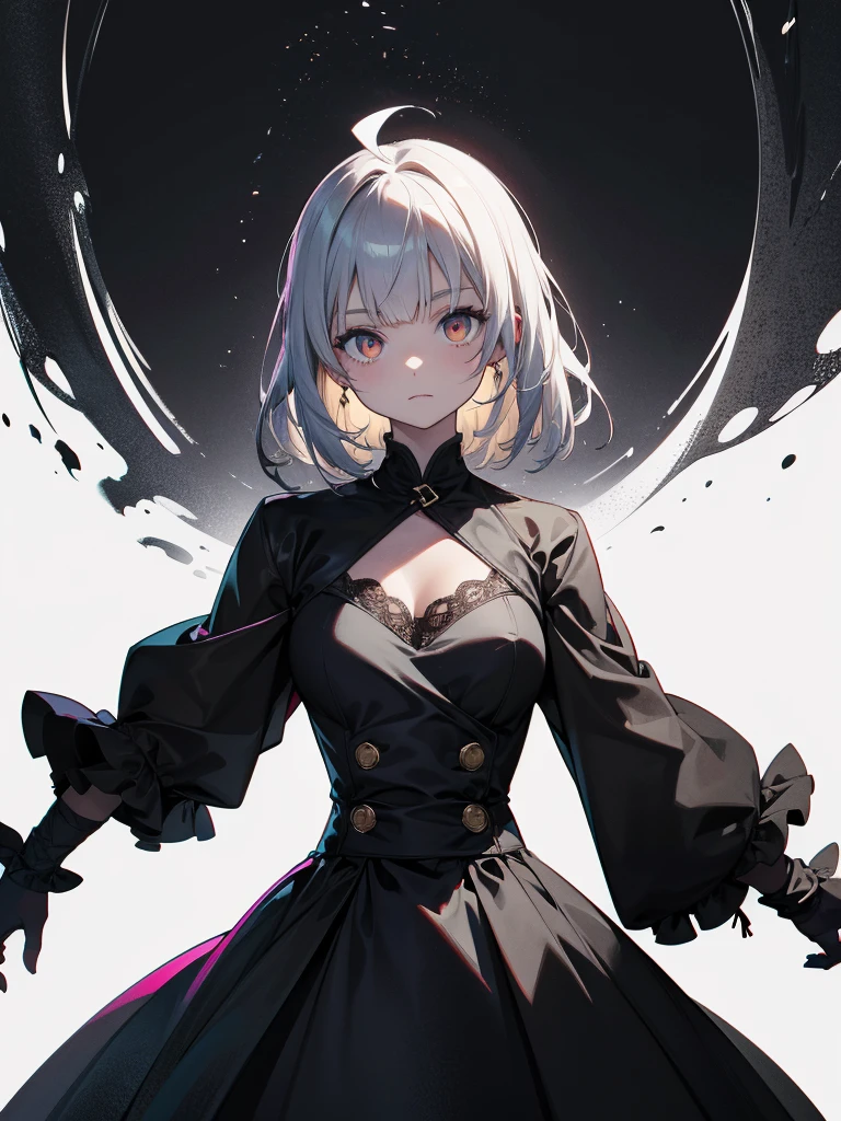 (Left and right split themes:1.0),No gaps,Heterochromia iridis,((Two Tone Hair:1.2)),(Chiaroscuro:1.2),(左~ sideは黒い髪と赤い目です,右~ sideは白い髪と青い目です:1.2), and sketch (Character design sheet, same characters, whole body, Three-View, front, ~ ~ ~ ~ ~ side, return),(Very bright:1.1), White Background, [1 girl:7], (Tilt your head:1.2), ([sketch|watercolor \(Moderate\)]:1.15),Chaotic abstract background, Vector Trace, グラデーションブレンディング and whole body, Artistic elements add depth to the work. The overall atmosphere is creepy and nightmarish....., With a unique artistic touch. This movie is、The dark and crazy world of horror movies depicted in HD., Evoke visual stimuli and aesthetic sense, that will terrify and excite the audience....,watercolor画, （Lightless, Eyes without highlights, evil eye, Ugly person with white eyes, that&#39;Red eyeliner）,whole body絵, Wearing a maid outfit （Gradient braided hair, (Light purple hair), (Ink blotches:1.1), (pale:1.2),(Light purple:1.2),(Light green:1.2)　Adult features,expensive, wear black tights,Green Eyes, The skin is hidden　and maid, The background is a dark and desolate landscape, Horror movie atmosphere. Her figure is very beautiful, Emphasizing the dark and crazy elements. Skillfully expressing the effects of light and shadow, detailed, The face and expression of the black costume are also carefully drawn.....,