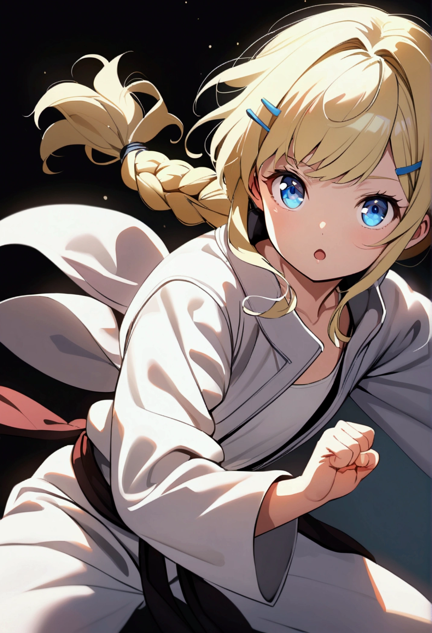 Anime  girl 8 yearsnd hair tied into a braid,  hair clips, blue eyes) in karate suit. Dynamic karate pose. White background