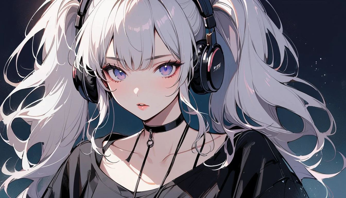 A young Japanese woman with long hair, Beautiful white hair in twin tails, It is secured on both sides with large red ribbons... She is fair-skinned and、、I have a small mole under my left eye..、(She is wearing large black headphones and a black choker adorned with stars..)、 Her makeup is natural, Rosy cheeks and glossy lips、she is wearing black clothes, Small particles of light are floating,