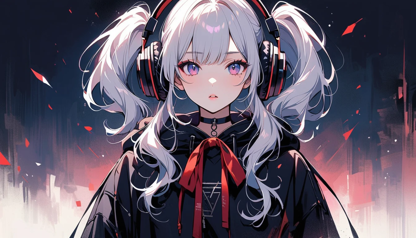 A young Japanese woman with long hair, Beautiful white hair in twin tails, It is secured on both sides with large red ribbons... She is fair-skinned and、、I have a small mole under my left eye..、(She is wearing large black headphones and a black choker adorned with stars..)、 Her makeup is natural, Rosy cheeks and glossy lips、she is wearing black clothes, Small particles of light are floating,
