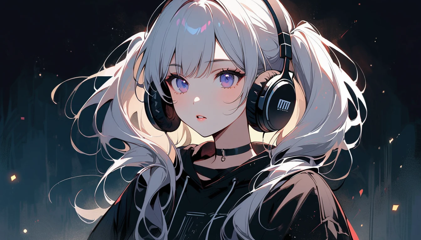 A young Japanese woman with long hair, Beautiful white hair in twin tails, It is secured on both sides with large red ribbons... She is fair-skinned and、、I have a small mole under my left eye..、（She is wearing large black headphones and a black choker adorned with stars..）、 Her makeup is natural, Rosy cheeks and glossy lips、she is wearing black clothes, Small particles of light are floating, 