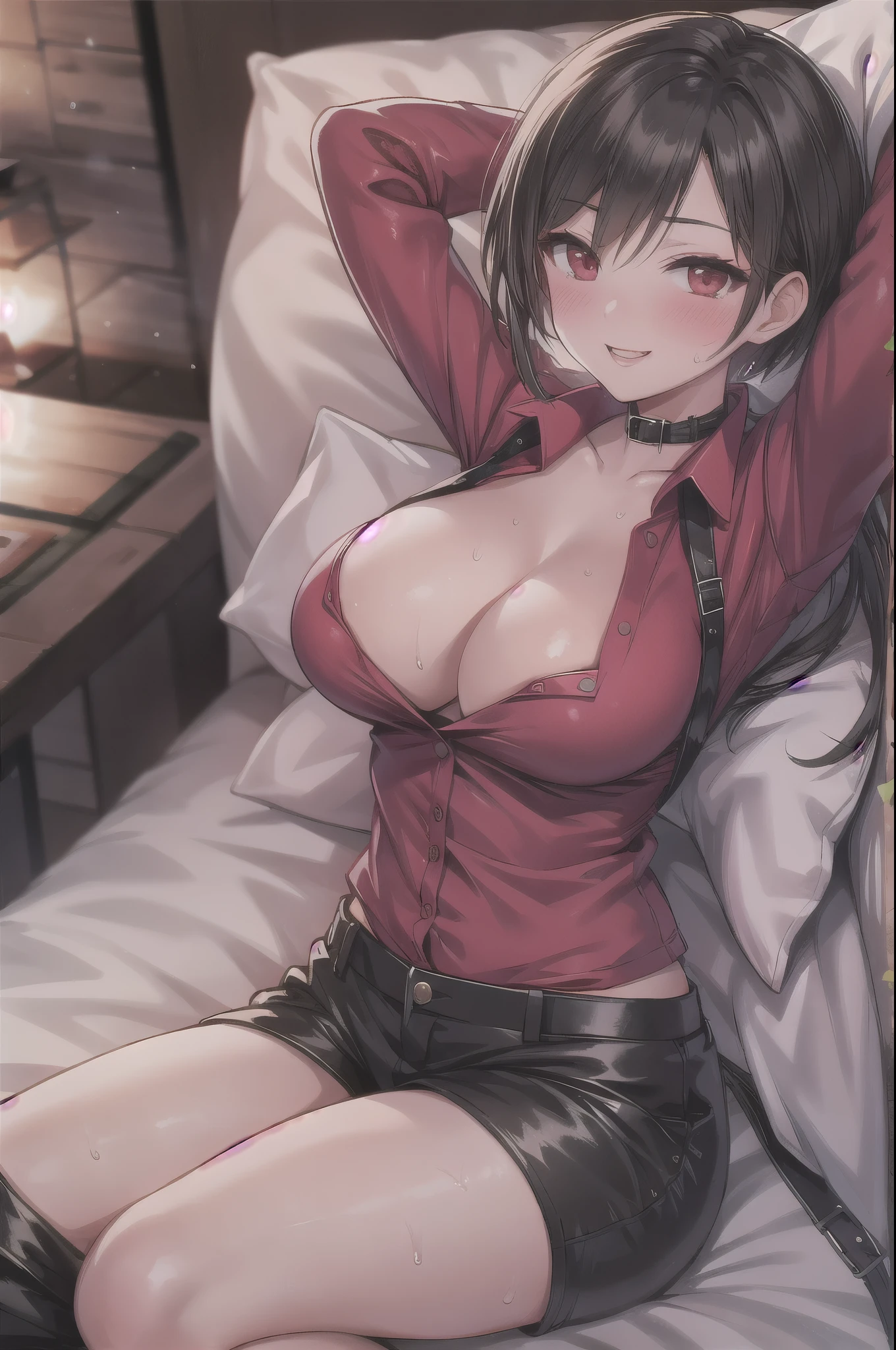One Woman,Ada wong, Red collared shirt,Cleavage,Black pants,Provocative smile,popped collar, High collar, sexly,upturned collar, blush,Covered in sweat,Put your hands behind your head,Spread your legs,Lying down,