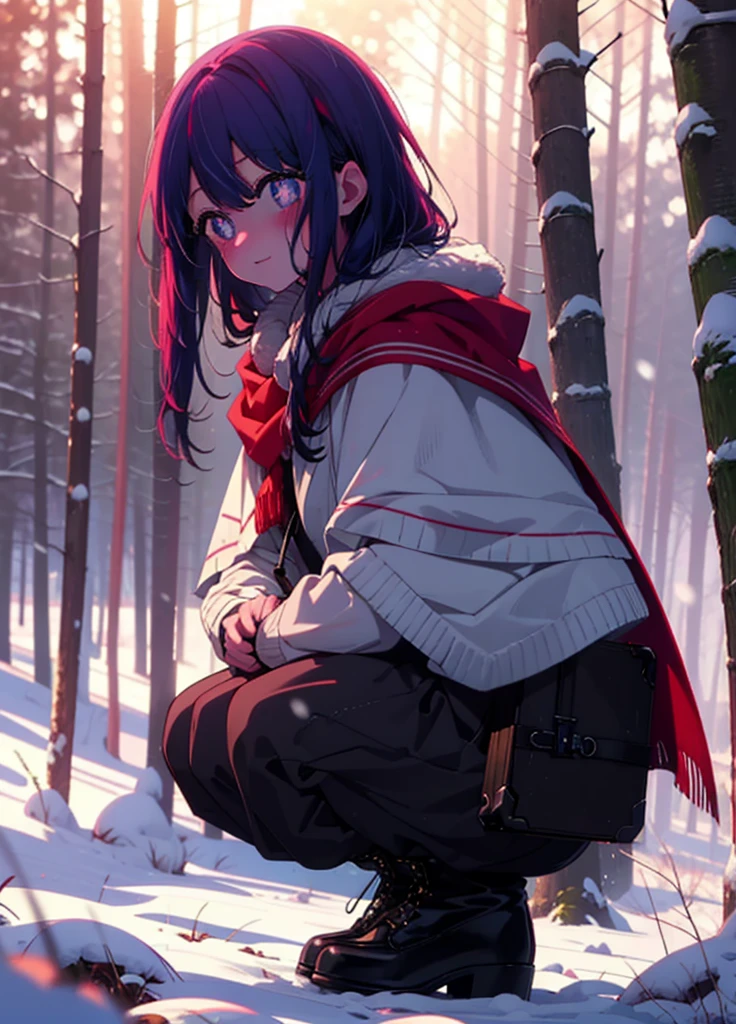 aihoshino, Ai Hoshino, Long Hair, bangs, (Purple eyes:1.1), Purple Hair, (Symbol-shaped pupil:1.5), smile,,smile,blush,white breath,
Open your mouth,snow,Ground bonfire, Outdoor, boots, snowing, From the side, wood, suitcase, Cape, Blurred, , forest, White handbag, nature,  Squat, Mouth closed, Cape, winter, Written boundary depth, Black shoes, red Cape break looking at viewer, Upper Body, whole body, break Outdoor, forest, nature, break (masterpiece:1.2), Highest quality, High resolution, unity 8k wallpaper, (shape:0.8), (Beautiful and beautiful eyes:1.6), Highly detailed face, Perfect lighting, Extremely detailed CG, (Perfect hands, Perfect Anatomy),