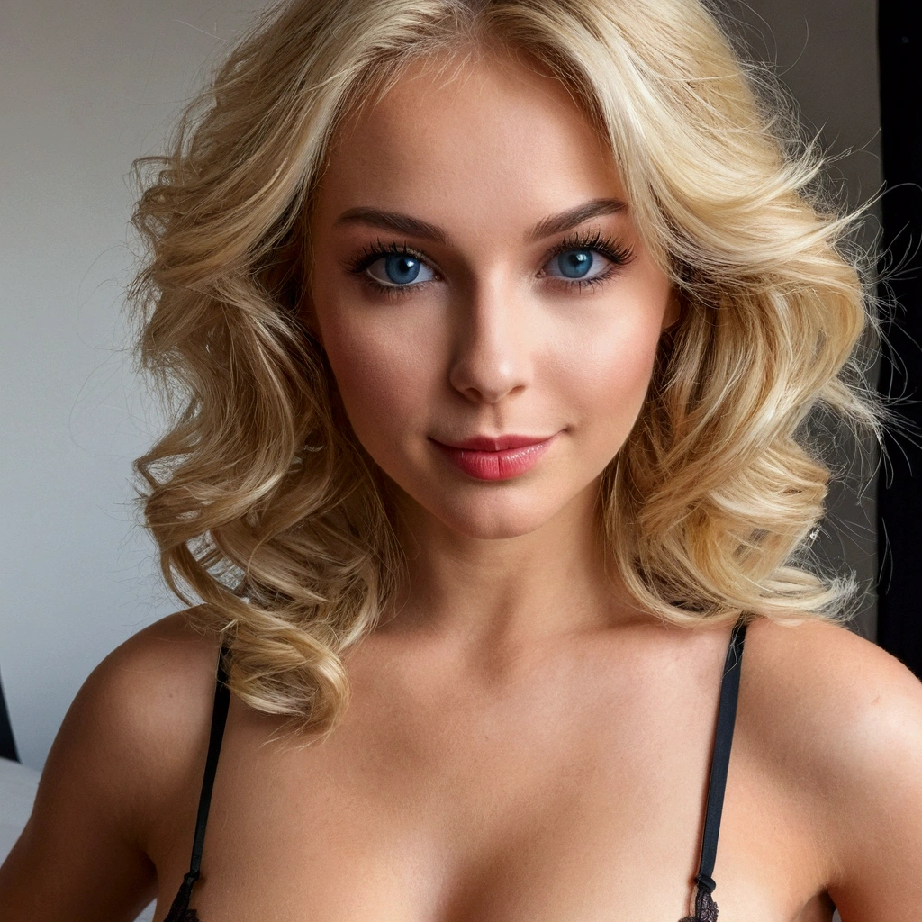 absurdres, RAW photo, highest quality, (masterpiece: 1.3), high detail RAW color photo, professional photo, extremely detailed CG 8k wallpaper unit, photo-realistic, realistic, RAW photo, masterpiece, best quality, highres,
1girl, 19 YEARS old, white, blonde hair, wavy, Average length, random hairstyle, beautiful body, thin legs, perfect beautiful face, beautiful light brown realistic eyes, fair skin, detailed skin texture, natural very small breasts. Sexy smile. lying in bed. She looks amazing. (red lingerie, simple design). bed, bedroom