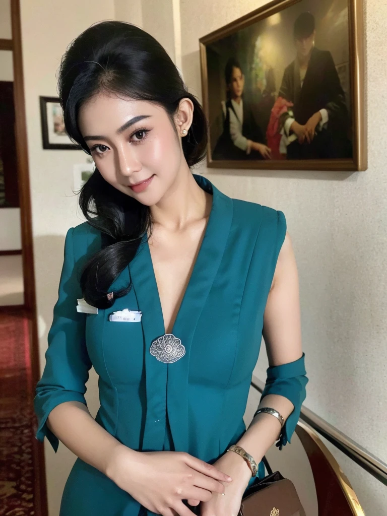 Indoor airlanes,black hair, indonesian,wearing garudaindonesia uniform,white skin,large breast, (masterpiece:1.4),((sfw)),busty body