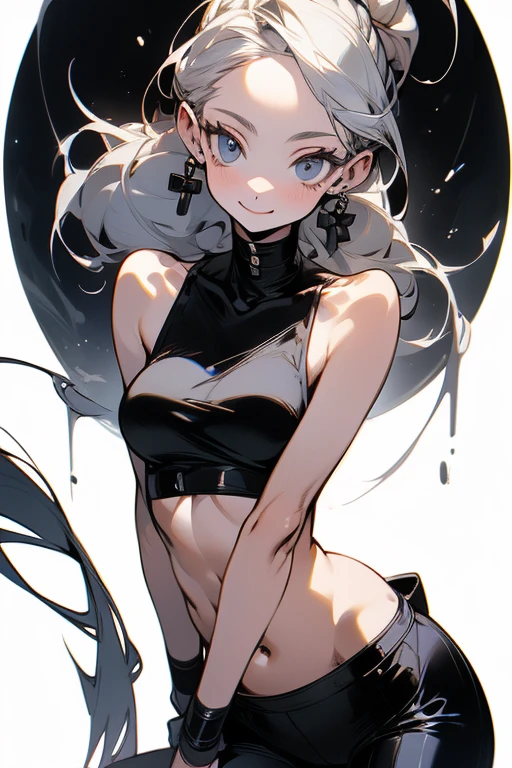 High resolution, masterpiece, accurate, Anatomically correct, Highest quality, Retina, ponytail, Silver Hair, Overlooking, Perm, skinny, E Cup, Medium, semi-long, Pants Style, Plain sleeveless, Belly button, Slightly fleshy, Big eyes, Round eyes, Soft Skin, High quality eyes, glamorous, smile, Realistic