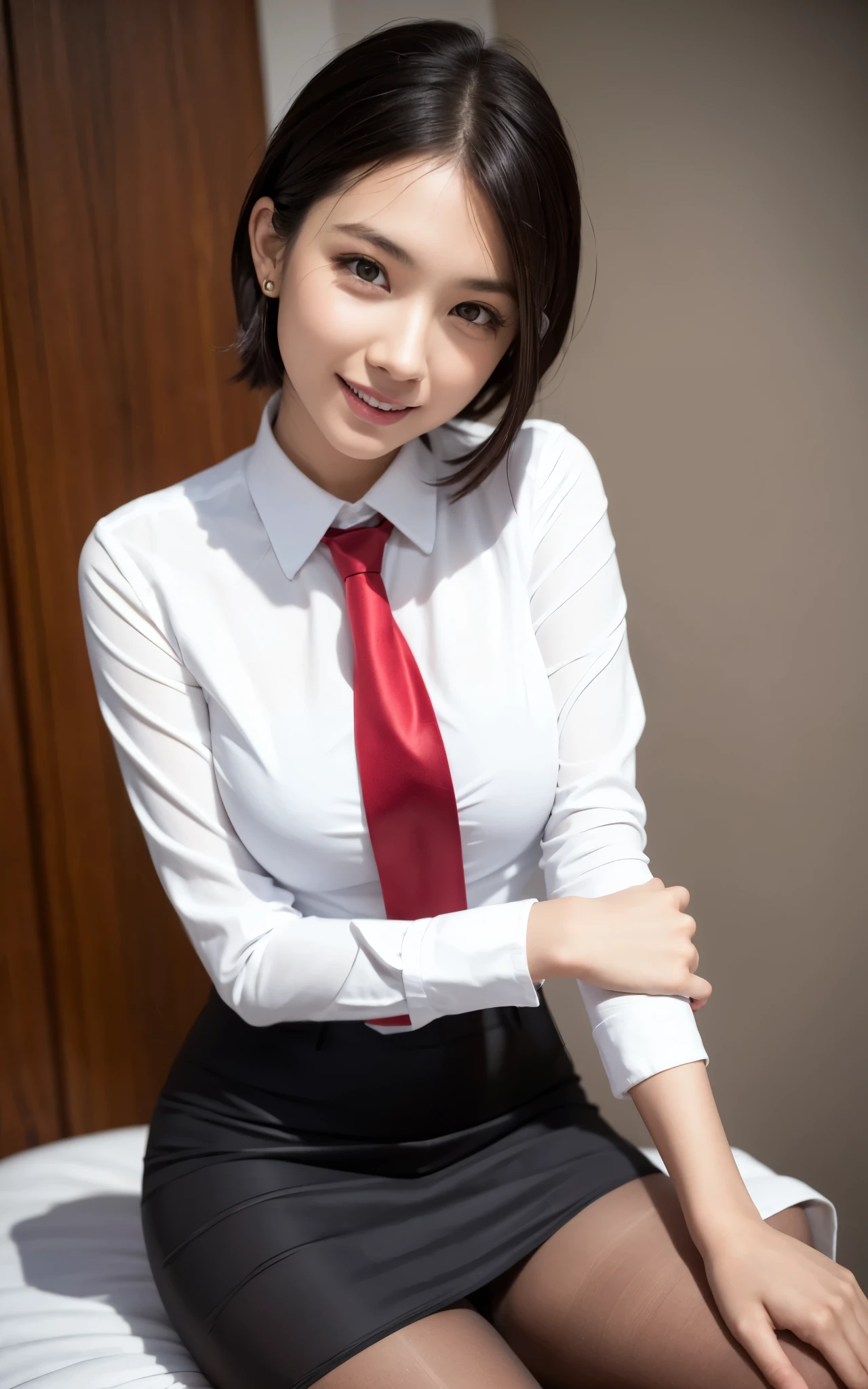 girl, Hyper Realistic, masterpiece, smile, portrait, bobhair, skirt suit, dress shirt, red necktie, blazer, bodycon miniskirt, pencil skirt, tights, pantyhose